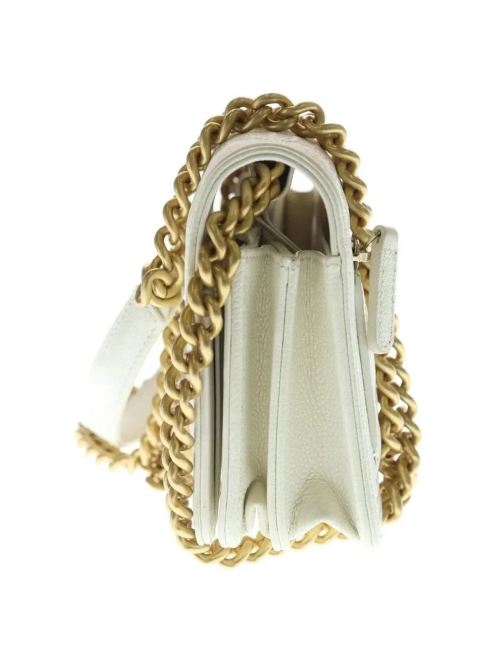 Chanel Boy 15.5 Mini Chain Shoulder Bag Wallet White Caviar Leather Gold